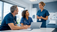 Nurse's talking together on a laptop in the staff room.