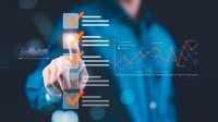 A business professional interacting with digital compliance checklists and data analytics charts, symbolising regulatory compliance, performance monitoring and operational oversight.