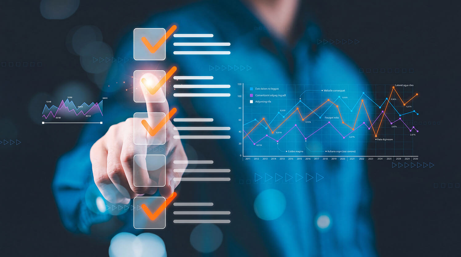 A business professional interacting with digital compliance checklists and data analytics charts, symbolising regulatory compliance, performance monitoring and operational oversight.