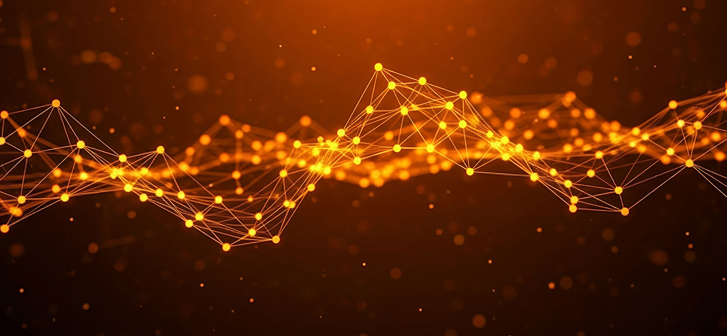 Abstract orange and gold digital network of interconnected nodes and glowing lines on a dark background, symbolising connectivity, technology and operational systems.